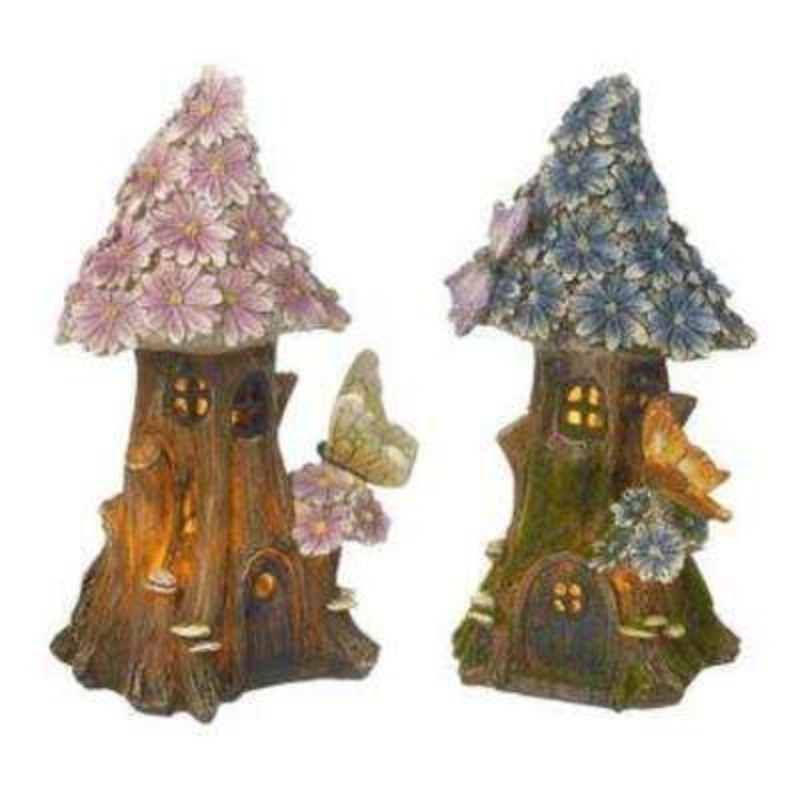 Choice of 2 Light up house Garden Decoration. These charming Light up Fariy Houses would make a great feature in your garden. Solar powered with flower tile rooms and butterfly. Choice of Pink or Blue please specify if preference. Size 24x12x12cm